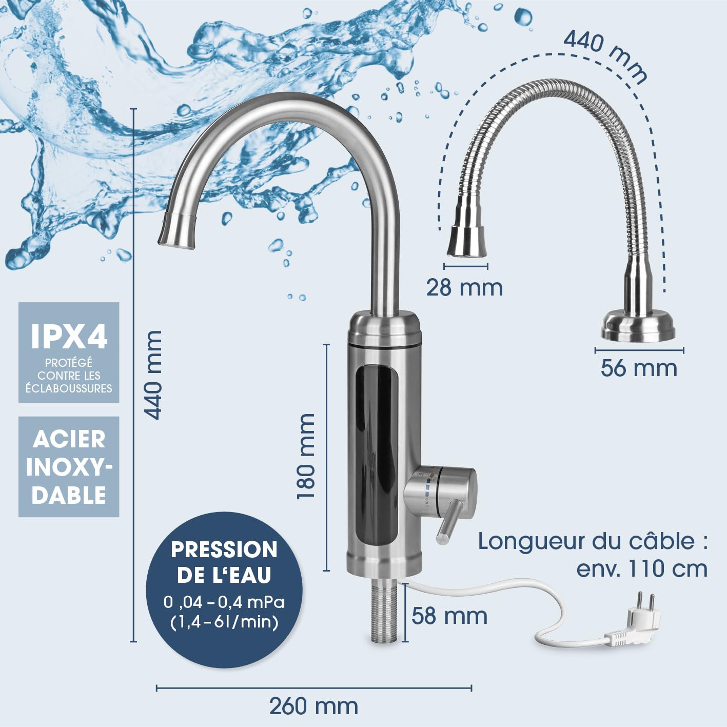 MAXXMEE Robinet électrique en acier inoxydable avec chauffe-eau intégré | Mitigeur avec serpentin chauffant et affichage LED de la température | 2 robinets interchangeables | plus de 60 °C d’eau