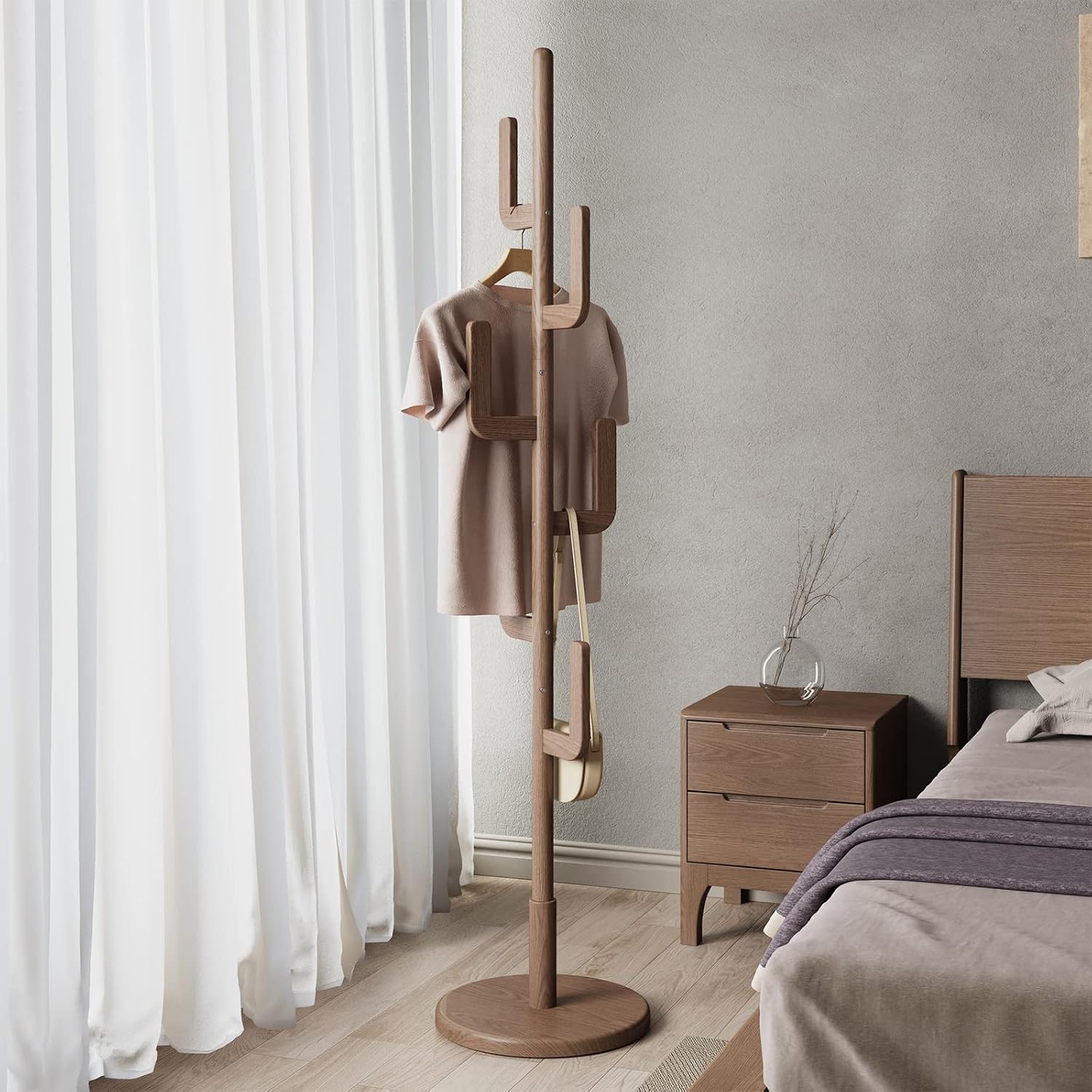 KungFuWood Coat Rack, Unique Design Cactus Coat Rack Freestanding, Adjustable Height Wooden Coat Rack Stand with 6 Hooks, Easy Assembly Coat Tree for Entryway,Bedroom,Coats,Bags (Walnut)