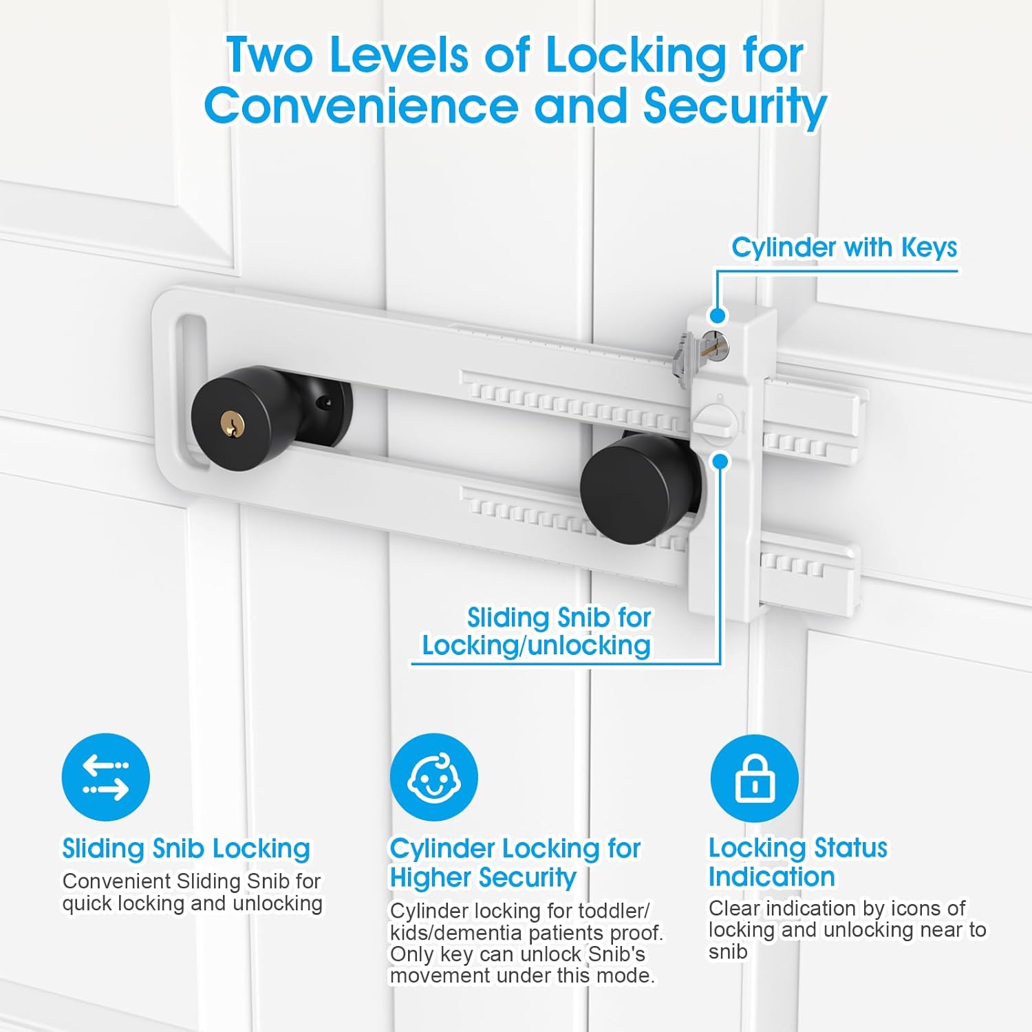 AST Double Door Lockout Device, Extended Version, Locking Distance Range 4-7/8~12-3/16" (124~310mm), French Door Reinforcement Lock with 3 Keys, Childproof Double Door Lock (Matte White)