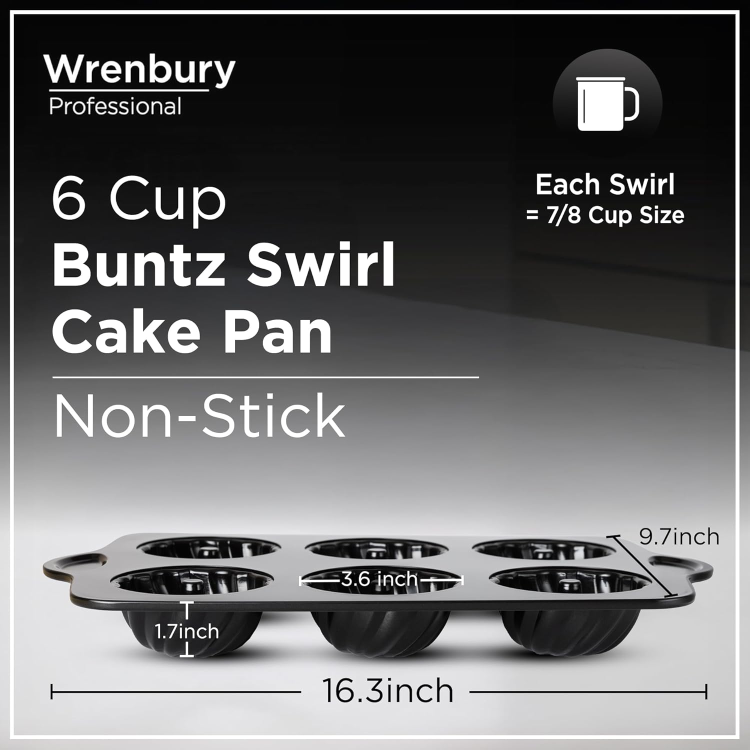 Wrenbury Swirl Buntz Pan for Baking Mini Non-Stick - 6 Cup Fluted Cake Tin for Small Cakes - PFOA Free and Dishwasher Safe - 3.75” Cup Width - Image 3