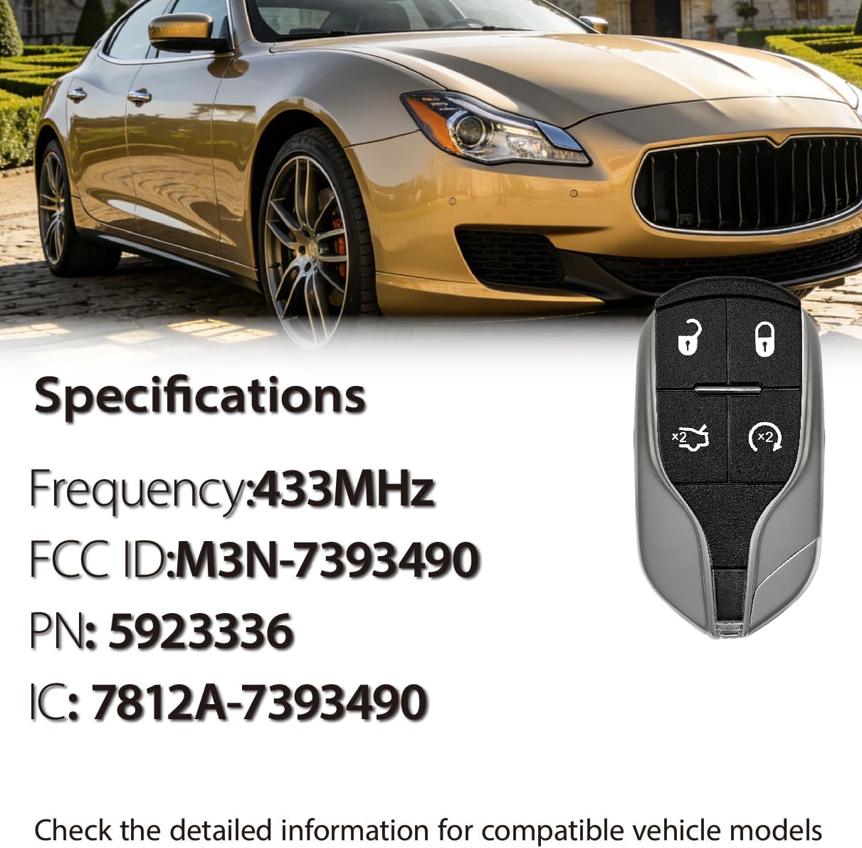 Key Fob Replacement for 2014-2016 Maserati Ghibli Quattroporte M3N-7393490 433MHz 4 Buttons