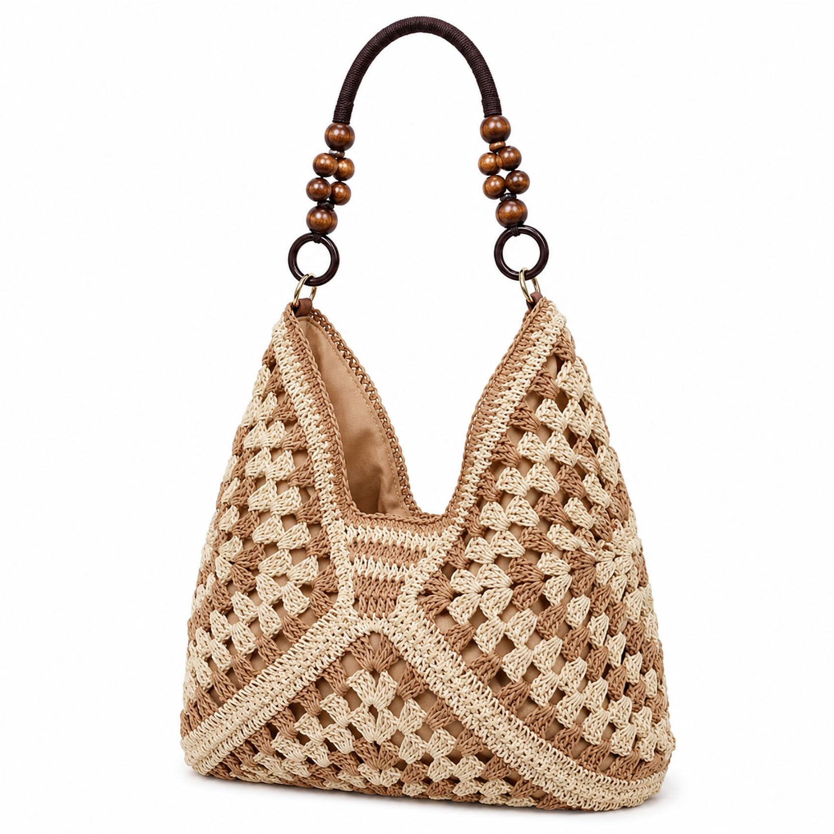 Straw Bags for Women 2026, Crochet Woven Beach Tote Bag with Wooden Beads, Boho Shoulder Purse for Summer Vacation Travel