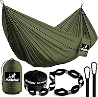 Vista 9 de Hamaca MalloMe para una o dos personas, para camping, set de hamaca colgante con 3 correas para árbol, hecha de nailon, es ligera, capacidad para 2