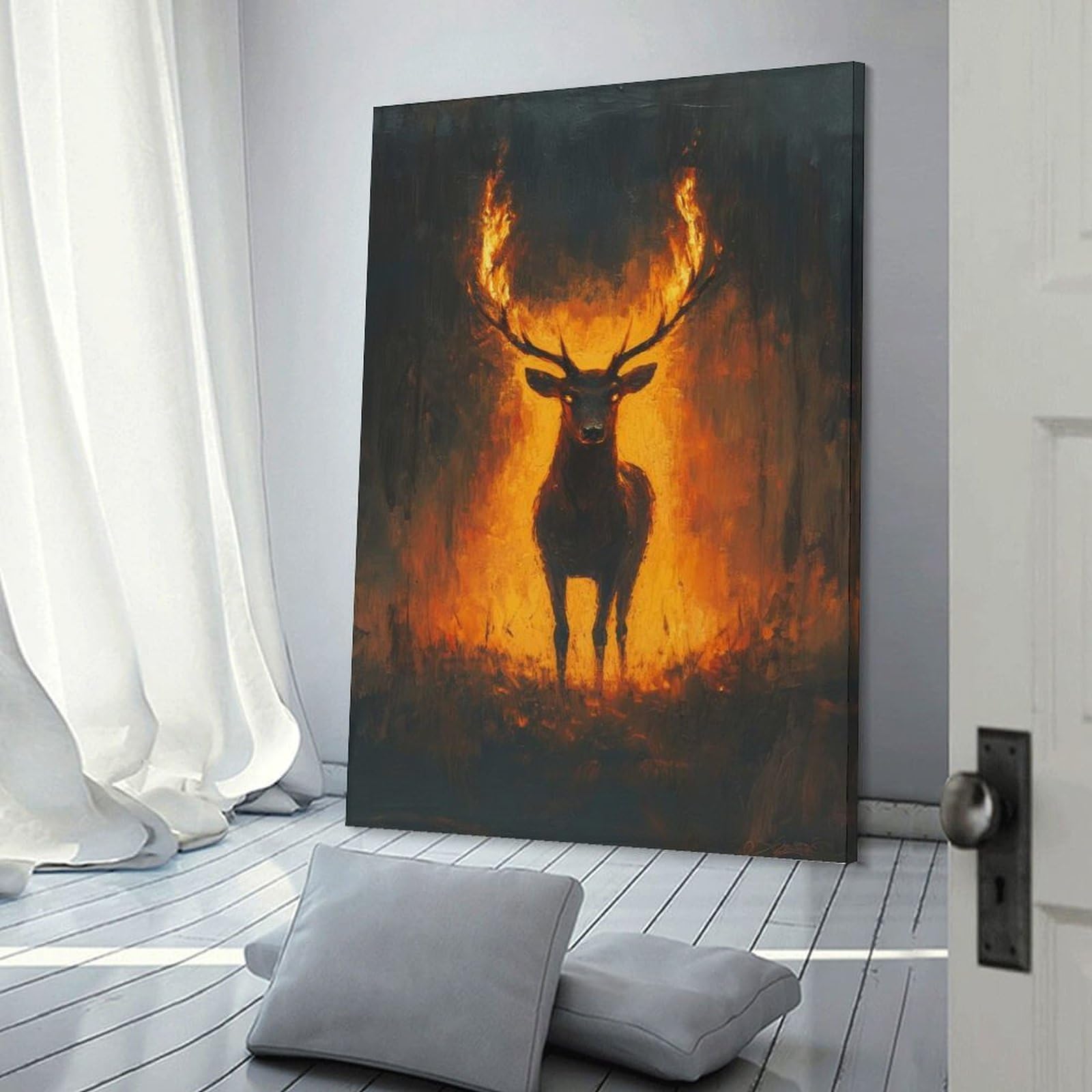 Junmoney Frame-Style-17 Fiery Stag Hanging Wall Art, 20X30inch(50X75cm), For Bedroom Decor, Cosy Corners Or Studios, An Easy Wall Refresh For Bedrooms