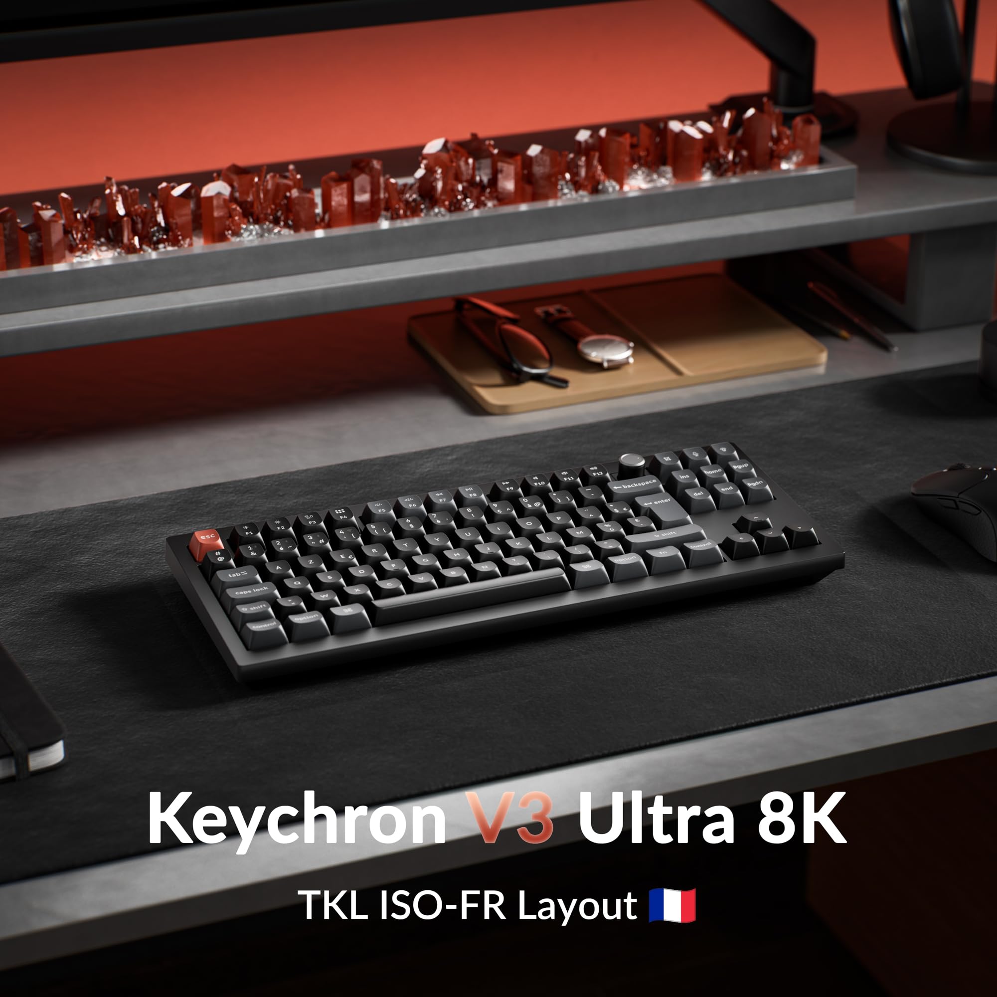 Keychron V3 Ultra ZMK Clavier Mécanique sans Fil, TKL ISO-FR Layout, 8K Polling Rate, 2,4 GHz/Bluetooth 5.3 /Filaire, RGB, Pré-lubrifiés, pour Mac, Windows et Linux, Interrupteurs Rouges Silk Pom