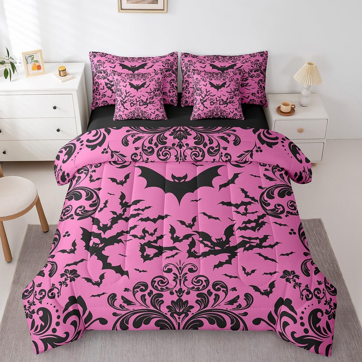 Erosebridal Girls Halloween Bats Comforter Set with Sheets Twin Hot Pink and Black Gothic 7 Piece Bedding Set for Kids Damask Floral Goth Bed in A Bag with Sheets Halloween Flower Animal Bed Set