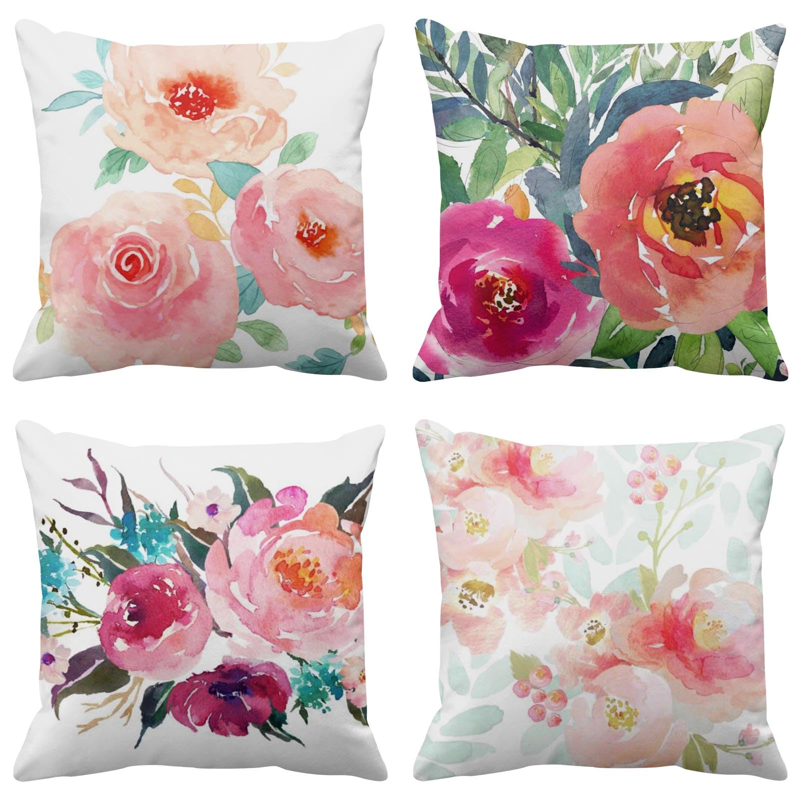 Emvency Set of 4 Throw Pillow Covers Peonies Summer Watercolor Floral Pink Flower Girly Pastel Mint Colorful Decorative Pillow Cases Home Decor Square