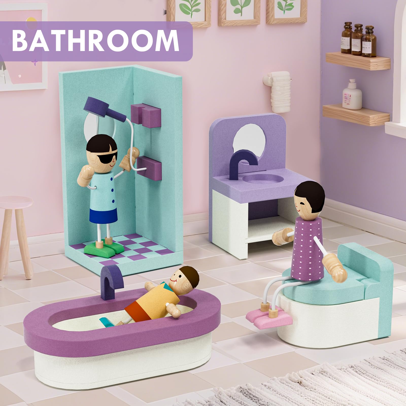 Juego de muebles de casa de muñecas de madera, 39 piezas con 5 habitaciones, muñecas familiares y mascotas, accesorios y muebles de casa de muñecas de madera, accesorios de casa de 5