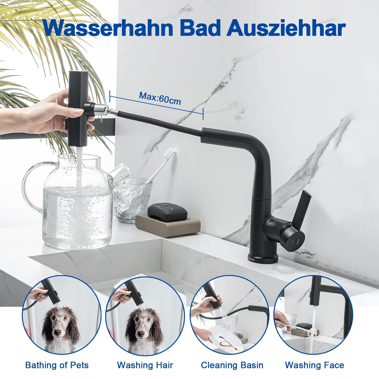 Rubinetto per Bagno Lavabo Nero Doccetta Estraibile con a 3 Modalità | Miscelatore Lavabo Estraibile LakeBayMZC,Rubinetti Monocomando Bagno con Doccetta,Aeratore Rimovibile,Senza Piombo, Nero