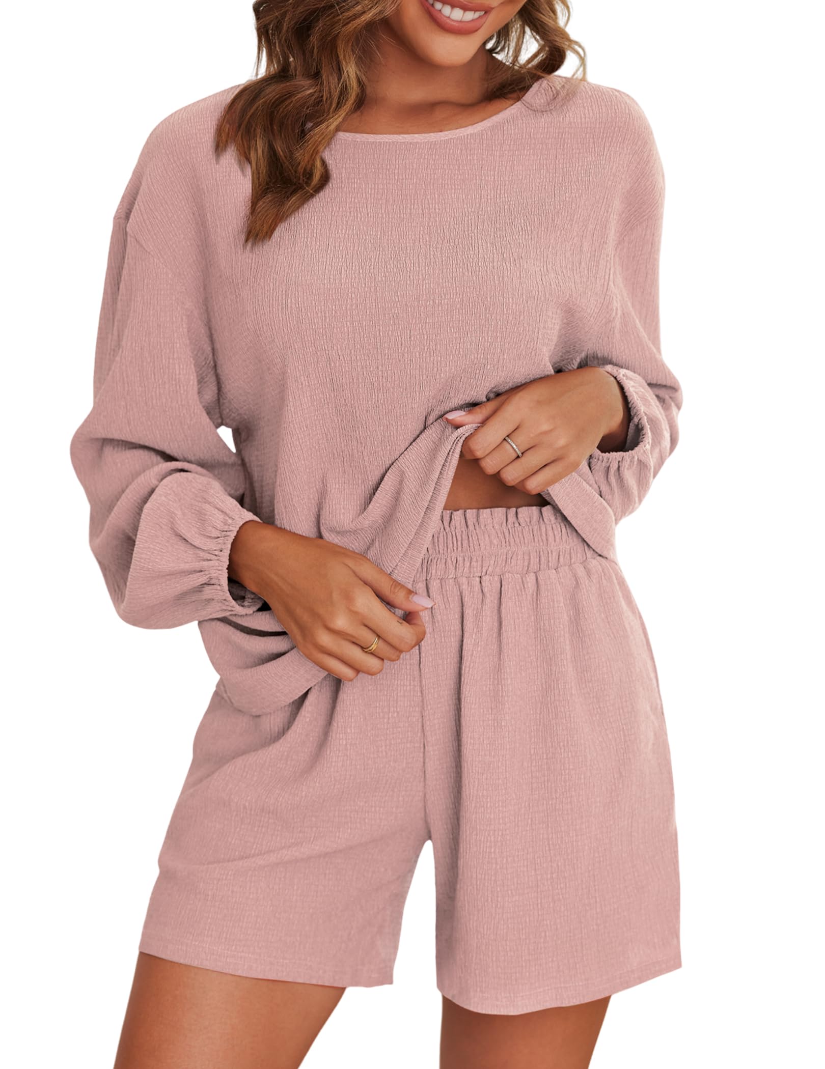 Ekouaer 2 Piece Pajamas Women Oversized Batwing Sleeve Lounge Sets Crew Neck Top and Shorts Sweatsuit Pink