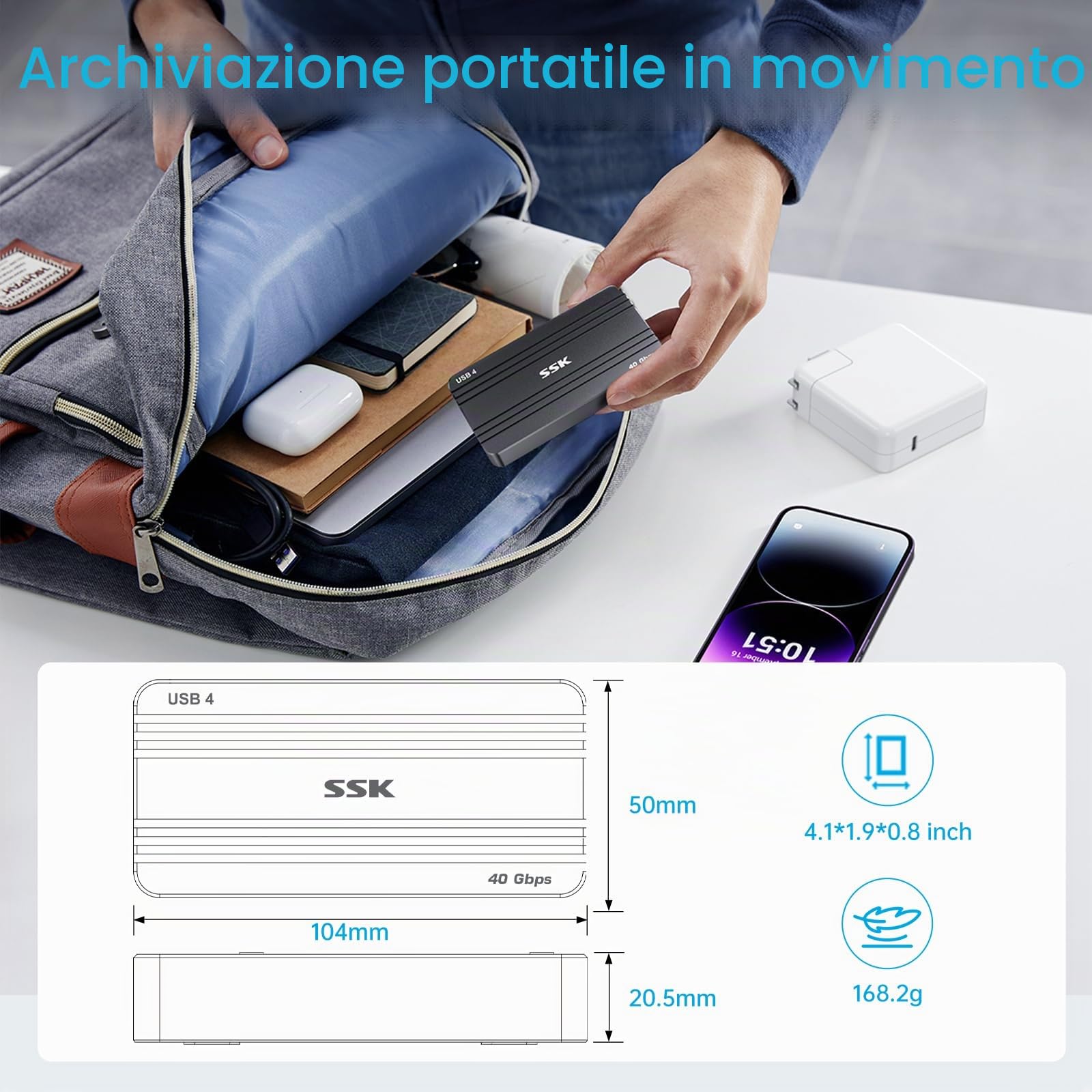SSK Enclosure NVMe da 40 Gbps, M.2 NVME SSD Enclosure USB4 NVMe Caddy USB C, custodia esterna M2 Supporta 2280/2260/2242/2230 SSD NVME Case Adapter M-Key con indicatore LED Alluminio