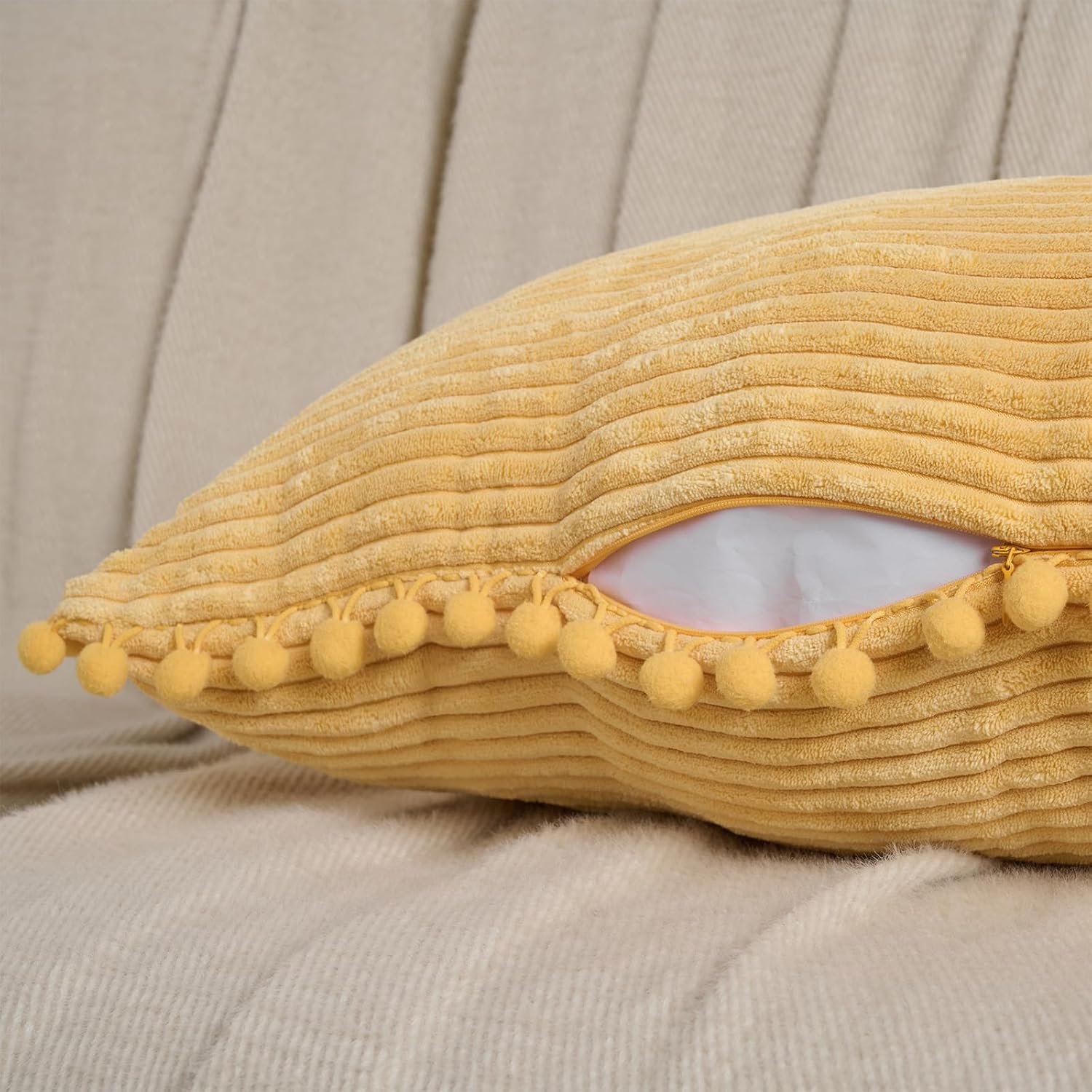 Fancy Homi 1 Pack Yellow Long Lumbar Body Decorative Throw Pillow Covers 14x36 Inch with Pom-poms for Couch Sofa Bed, Farmhouse Boho Rustic Decor, Soft Corduroy Rectangle Solid Pillow Case 35x91 cm