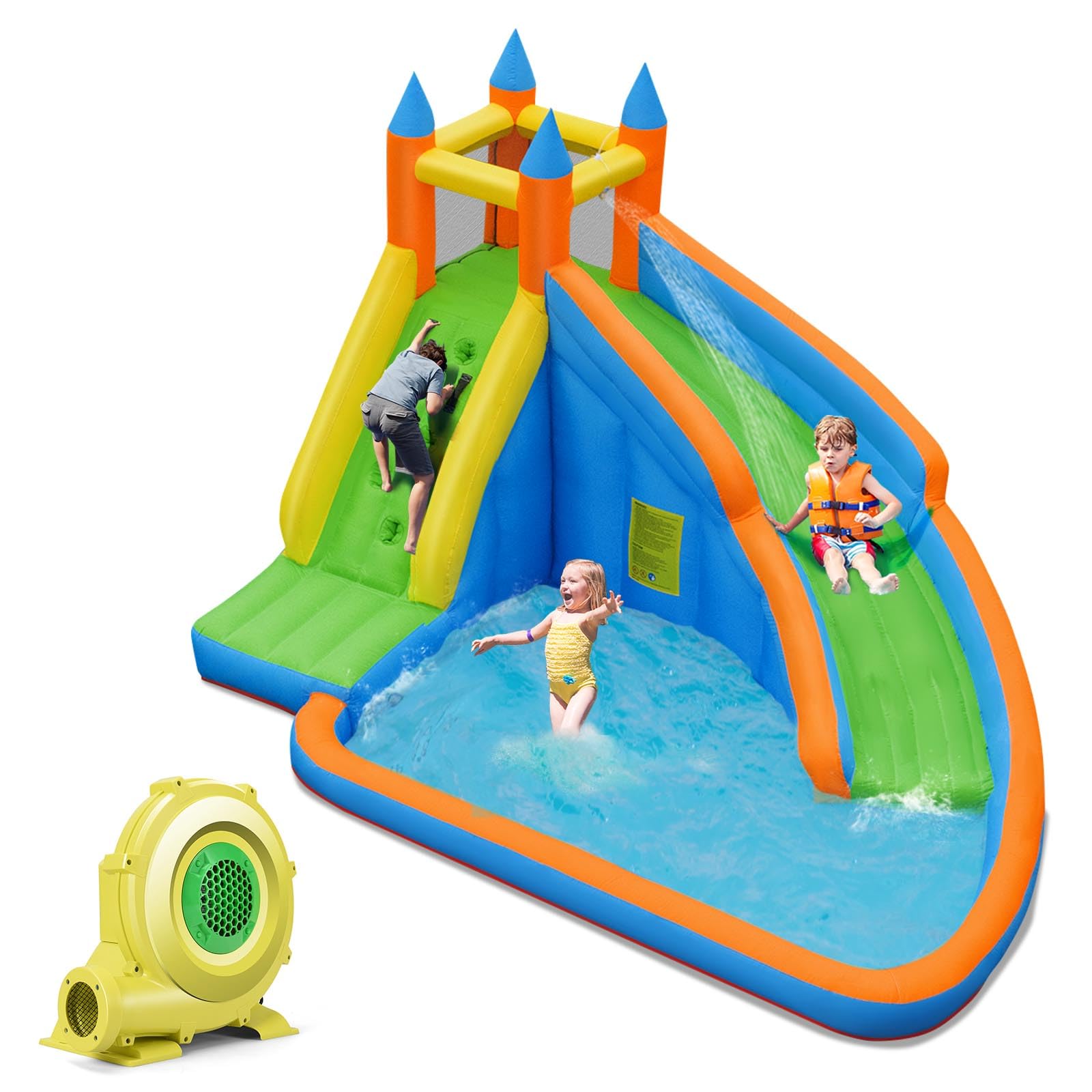 COSTWAY Inflatable Water Slide, Giant Bouncer Water Park with 480w Blower, Climbing Wall, Splash Pool, Indoor Outdoor Blow Up Water Slides for