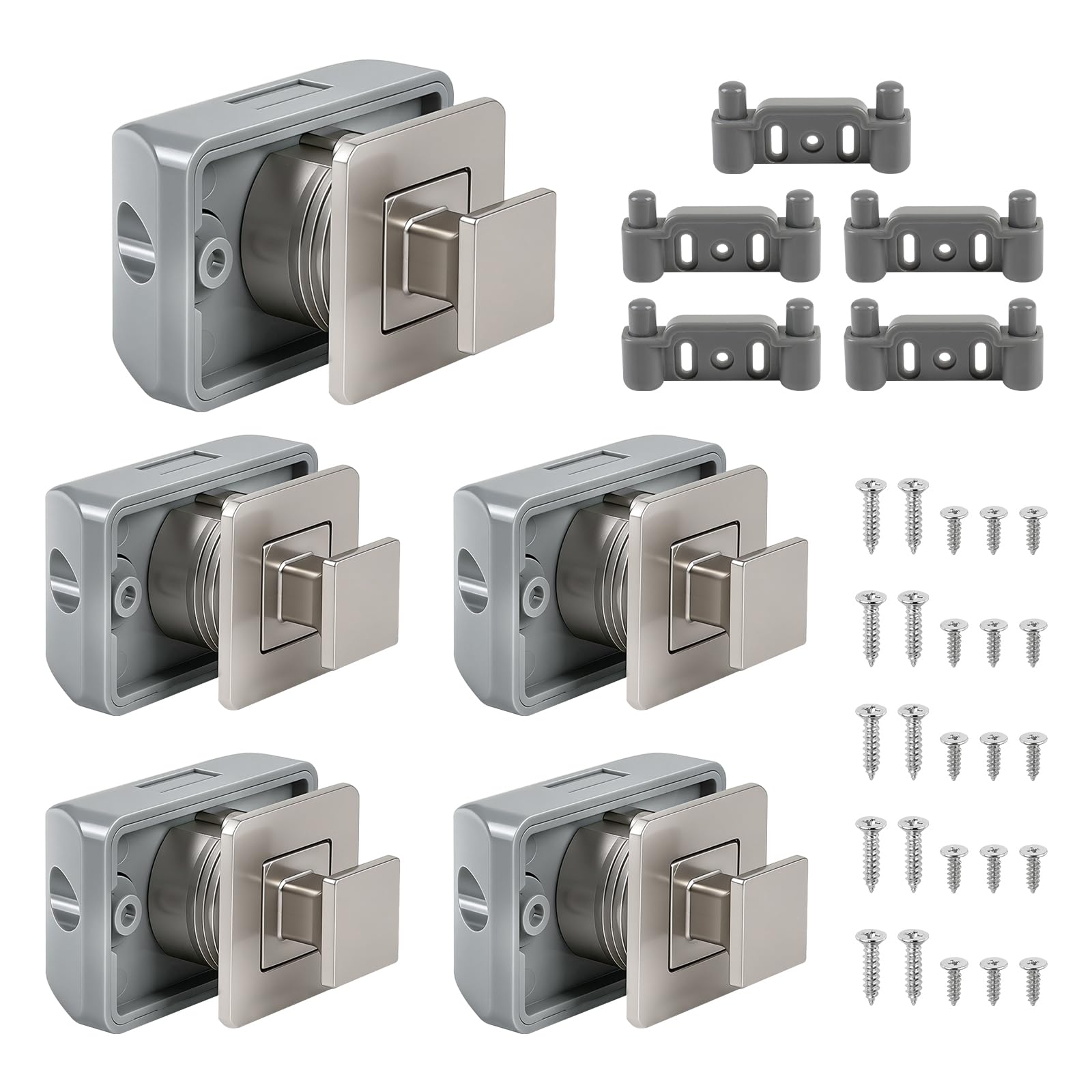 Set da 5 Chiusure per cassetti quadrate Metalliche da Campeggio, Serratura a Scorrimento Quadrata, Serratura a Pressione Senza Chiave per roulotte, Barca, Yacht, Armadio, Porta, vano (Nichel)