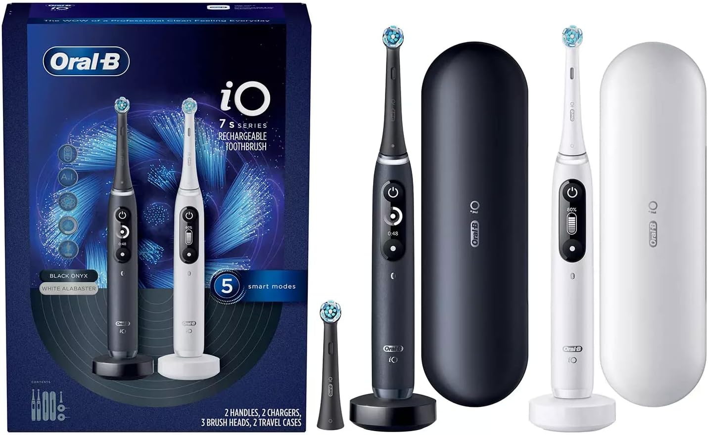 Oral-B iO Series 7s Rechargeable Toothbrush with 2 Handles, 2 Chargers, 3 Brush Heads and 2 Deluxe Travel Cases