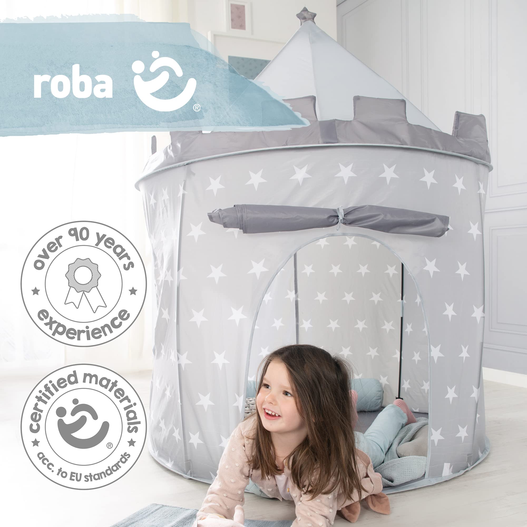 roba Tenda da Gioco - Little Stars - Casetta da Gioco in Tessuto - 105 x 135 cm - Telaio con Barre in Fibra di Vetro - Borsa Inclusa - Grigio