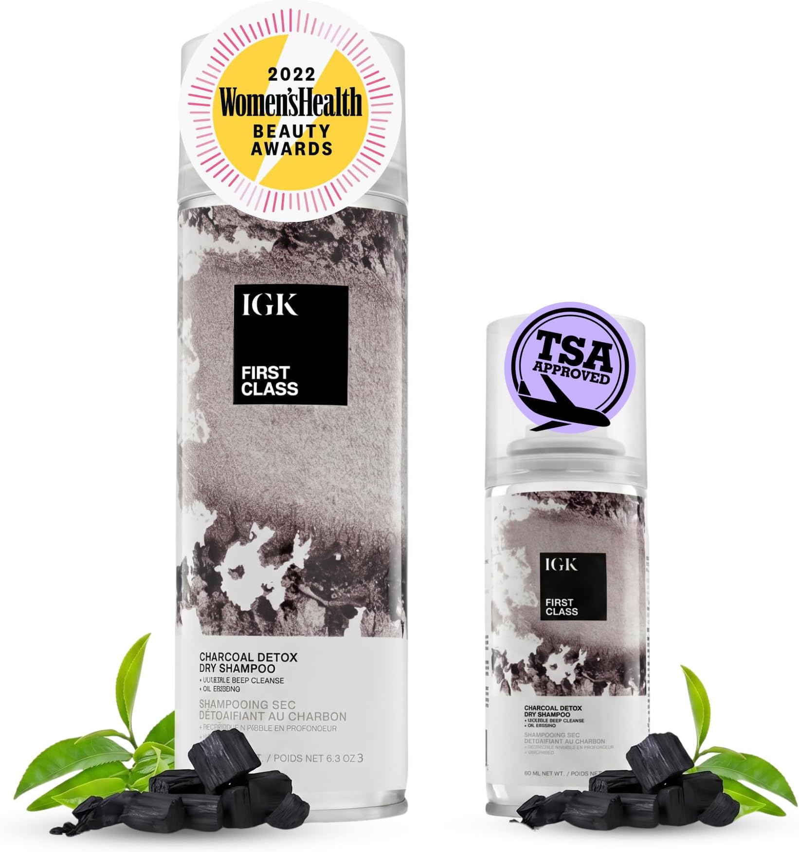IGK First Class Charcoal Detox Dry Shampoo Bundle | Deep Cleansing For Oily Hair & Odor Absorbing | Adds Volume & Texture | For All Hair Types | 6.3 oz + 2 oz