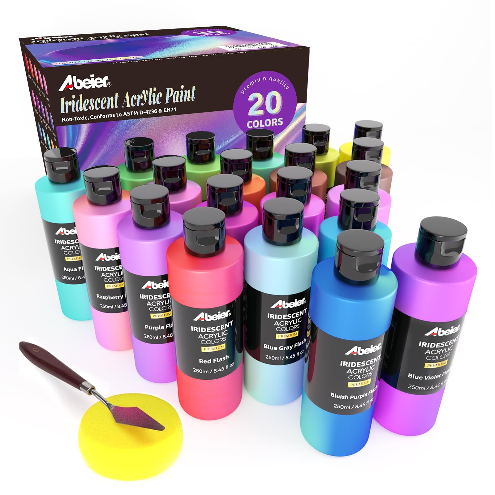 ABEIER Schillernde Acrylfarben Set, 20 Chamäleon Farben (250 ml), Farbwechsel, ungiftig, hochviskos, reichhaltige Pigmente, mischbar, Farben auf Felsen,Leinwand, Holz, Stoff, Keramik und Stein