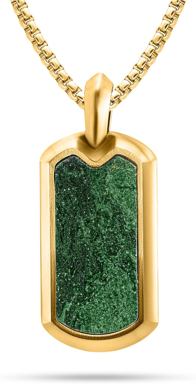 RTZN® Jade Necklace for Men – Premium Green Jade Pendant with Stainless Steel Box Chain 22" + 2" Extension – 18K Gold Plated Dog Tag, Square & Cross Pendant Necklaces – Luxurious Men's Jade Jewelry