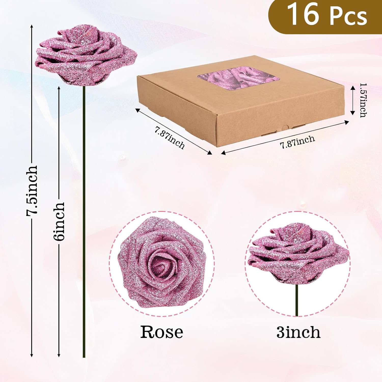 BLEUM CADE 16Pcs Artificial Flowers Fake Roses with Stems, Pink Glitter Boxed Foam Roses for DIY Bouquets Centerpieces Wedding Party Arrangement Bridal Shower Decor - Image 3