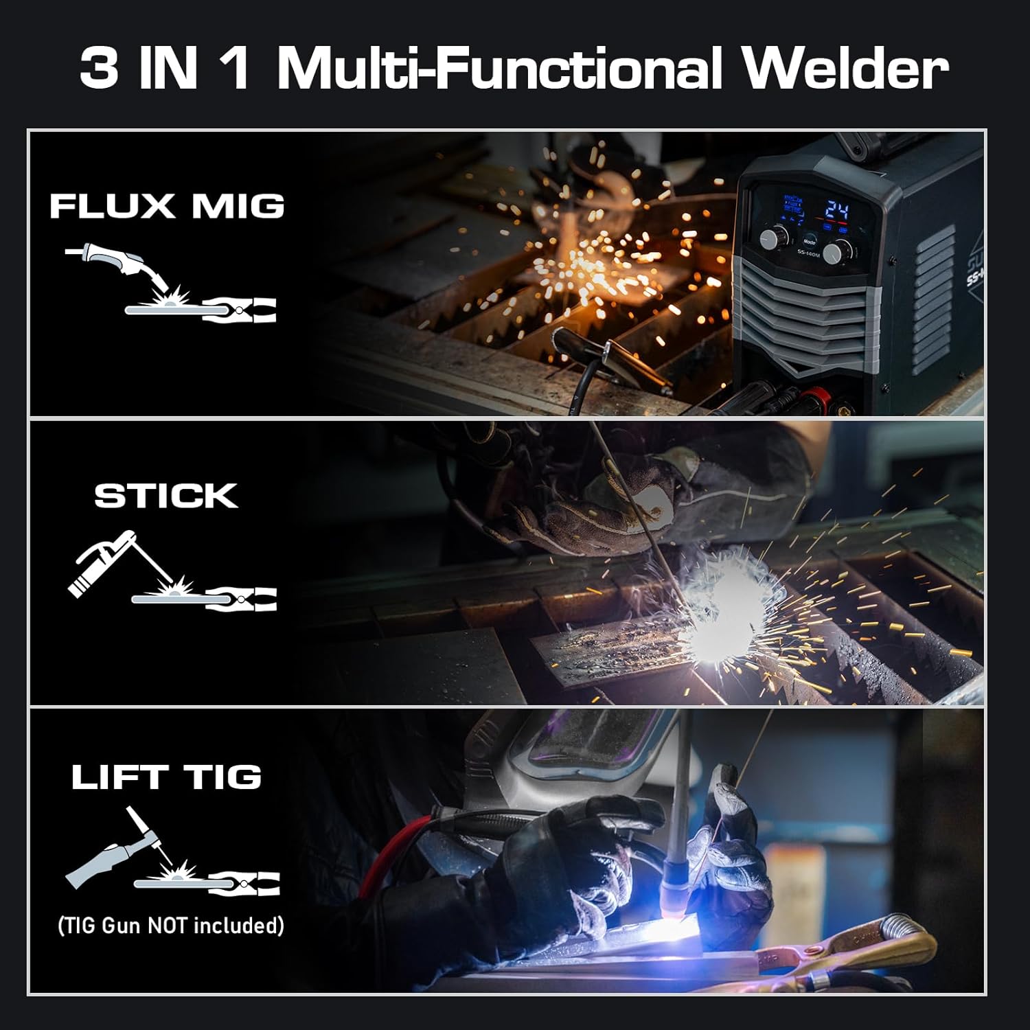 Sunstac MIG Welder, 140A 110V Flux Core/Stick/Lift TIG 3 in 1 MIG Welding Machine, Gasless MIG with IGBT Inverter Synergic Control, Digital Screen Display, Over Loading Protection Beginner Friendly