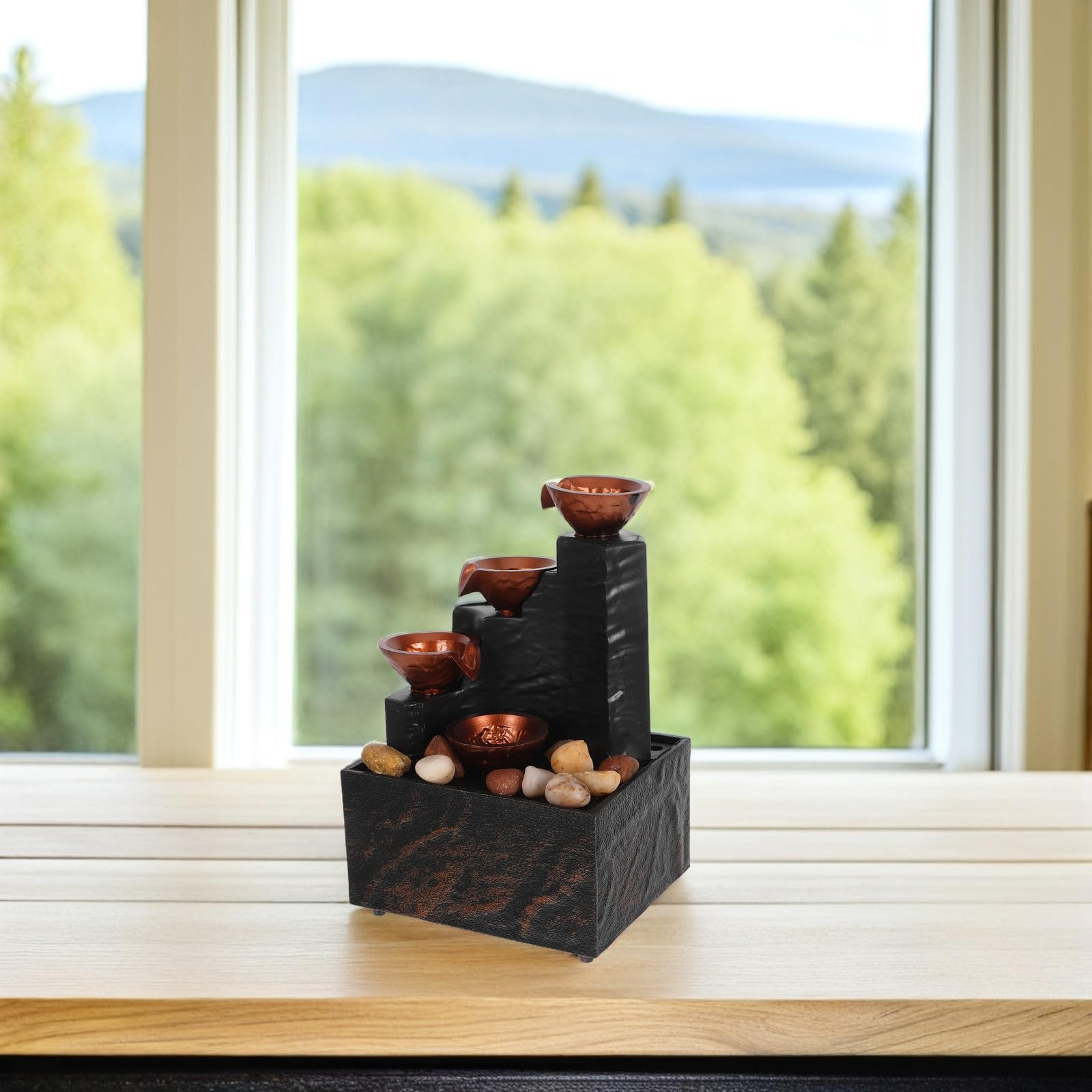Levemolo Fuente de Agua de Mesa con Iluminación LED Integrada y Cascada de Guijarros para Decoración de Escritorio en Estudios y Estantes, Material Hips