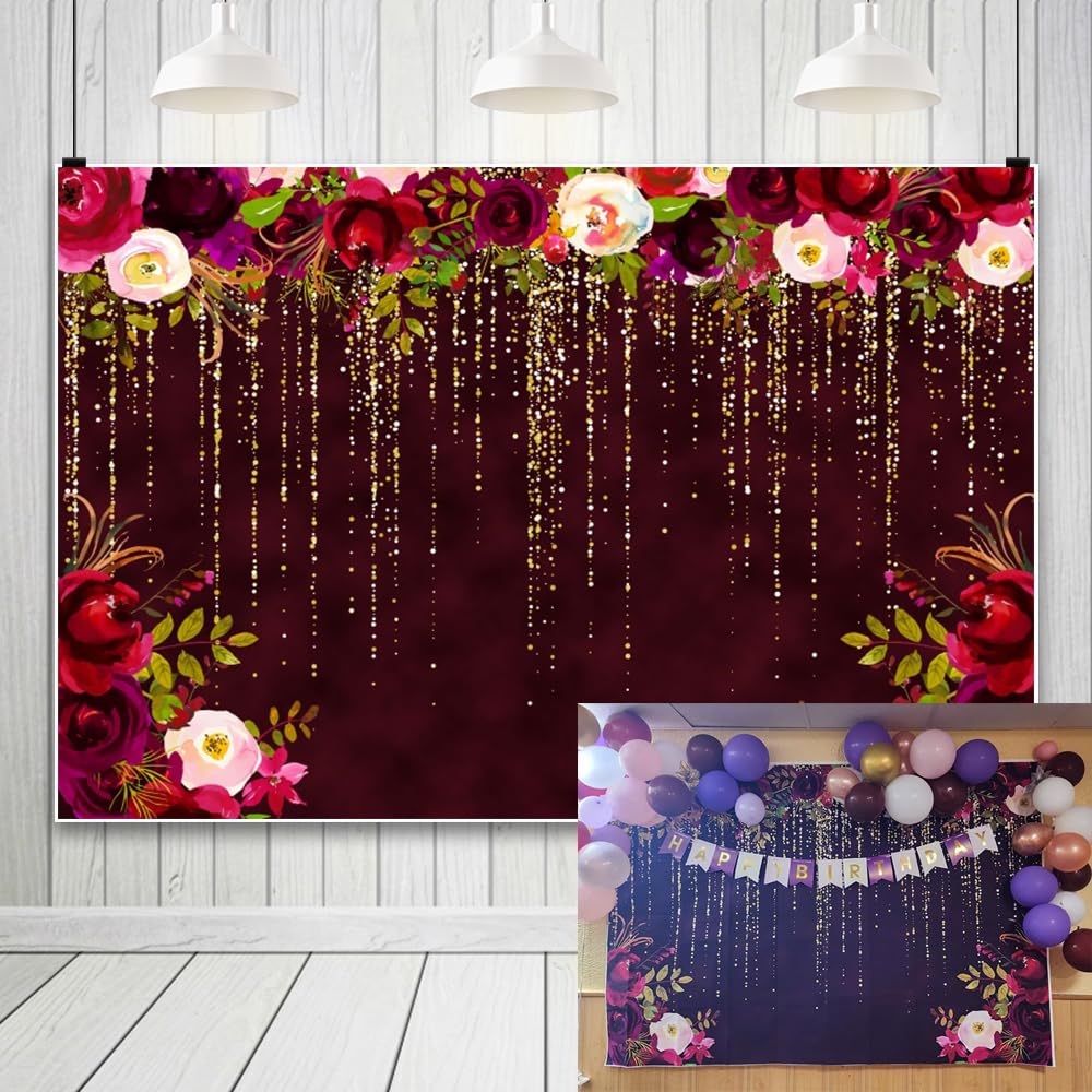 Burgundy Red Flowers Backdrop for Photography 9x6ft Golden Glitter Floral Birthday Party Photobackground Bridal Shower Wedding Decor Girl Boy Newborn