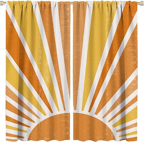 Cortinas bohemias retro para ventana, diseño abstracto vintage de los años 70, diseño de arco iris de mediados de siglo, amanecer y atardecer,