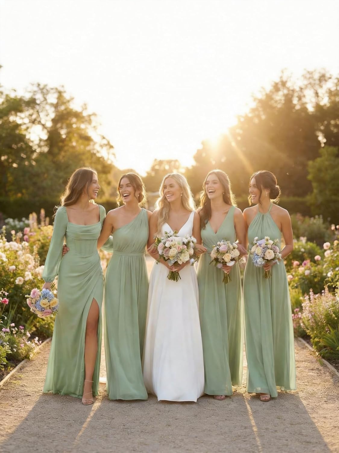 Long Sleeve Bridesmaid Dresses for Women Chiffon Square Neck A-line Pleated Wedding Guest Dress with Slit - Image 7