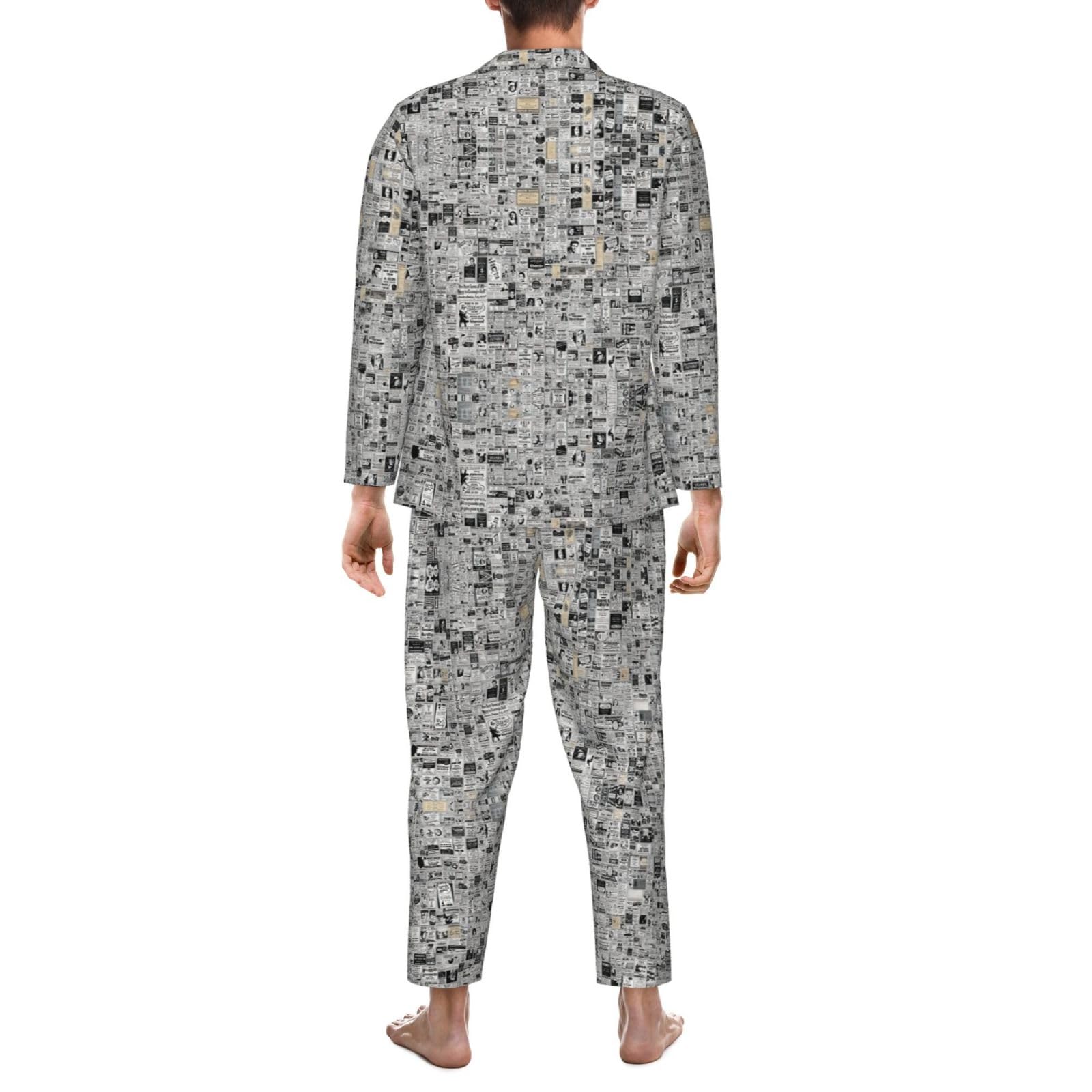 Conjunto de pijama para hombre con estampado de periódico HD, pijama suave de manga larga con botones y bolsillos