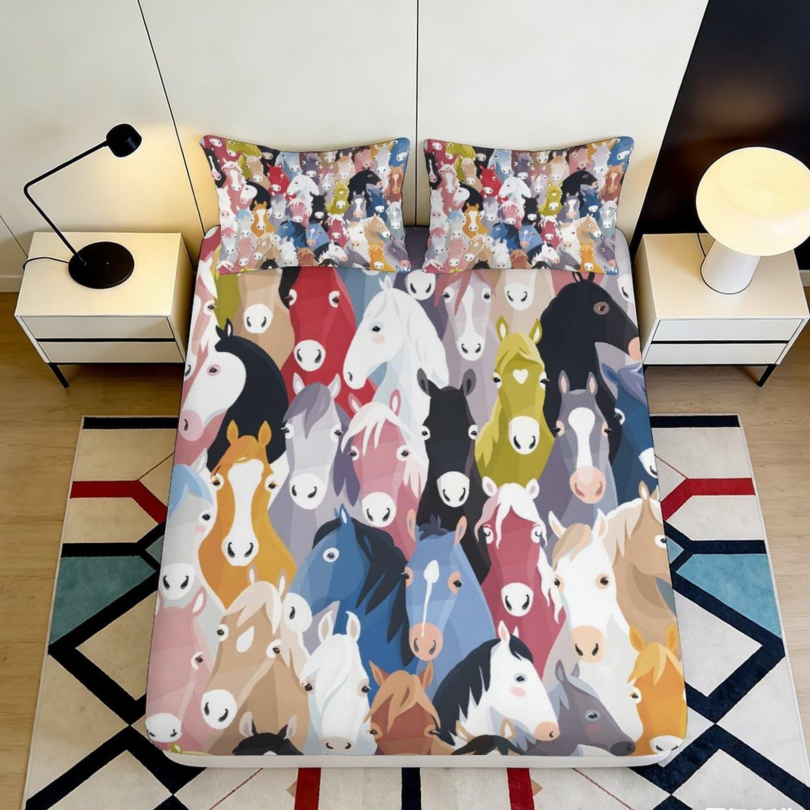 3D Printed Colorful Horse Fitted Sheet Microfiber Soft Breathable Cartoon Horse Mattress Cover for Bedroom Guestroom Decor 90x200x25cm