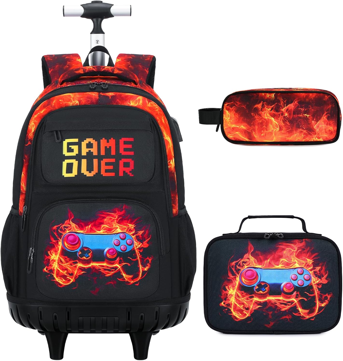 Scothen 3PCS Rolling Backpack for Boys, Cool Gamer Roller Backpack with Wheels, Kids Boy Wheeled Backpacks with Lunch Bag Pencil Case for Teens Bookbag Kindergarten Elementary Middle School