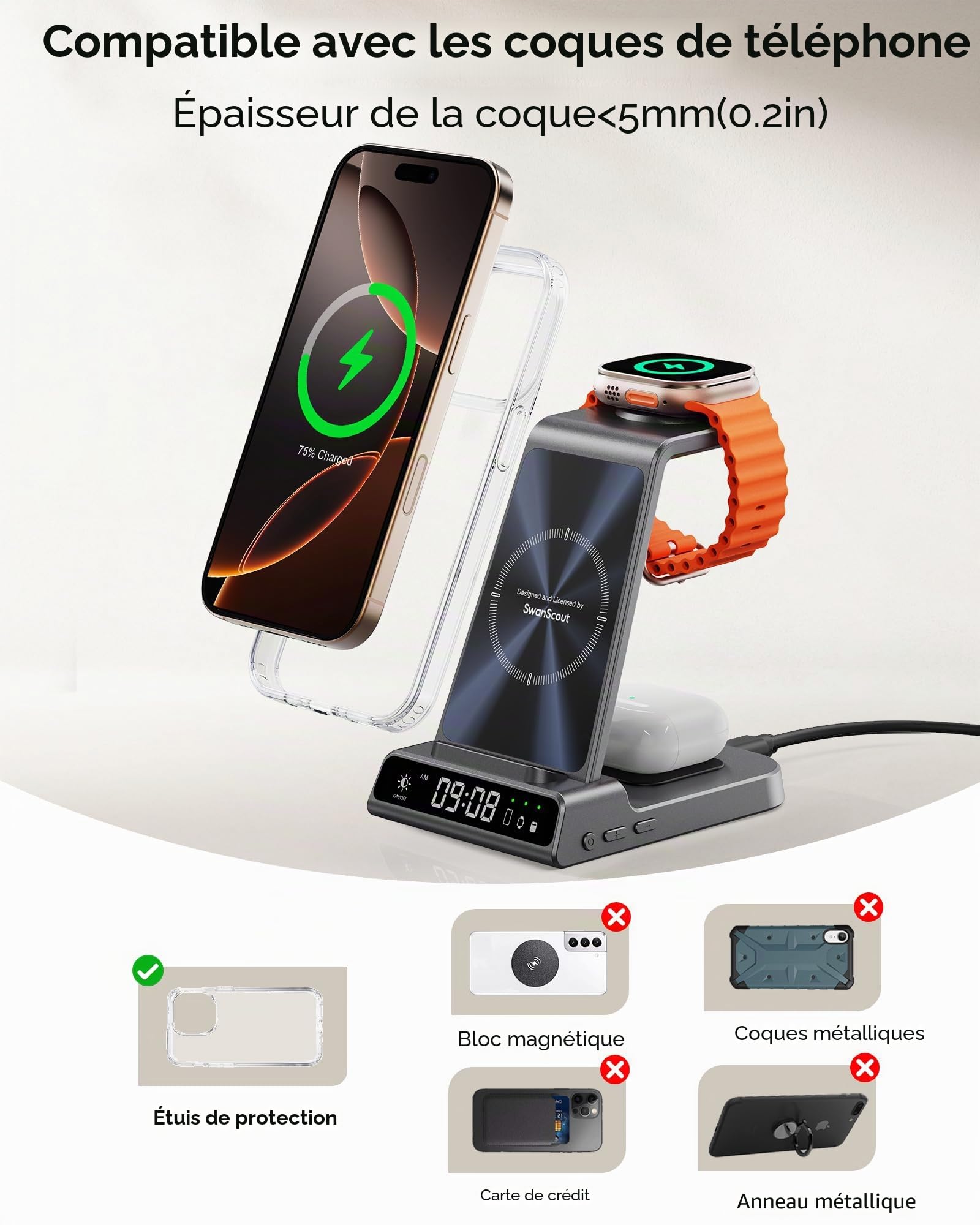 SwanScout Chargeur Induction 3-en-1 pour iPhone/Apple Watch/AirPods | Chargeur sans fil pour iPhone Air/17/16/15/14/13/12, pour Apple Watch Ultra 3/11/10/9/8/7/SE 3 et AirPods, SwanScout C02A