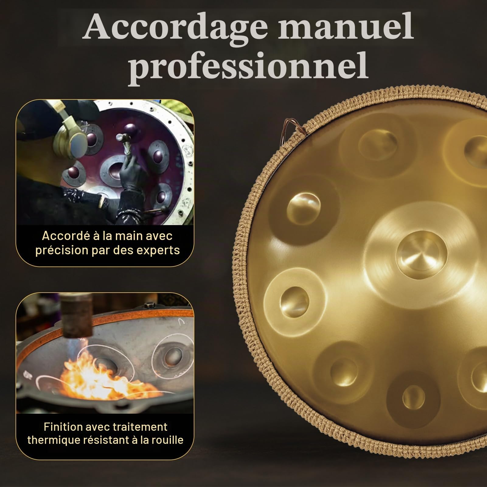 Handpan Drum, 22 Pouces 12 Tons Or Steel Hand Pan Tongue Drum D Minor pour Yoga, Méditation avec Sac à dos, Support de Batterie (440hz)