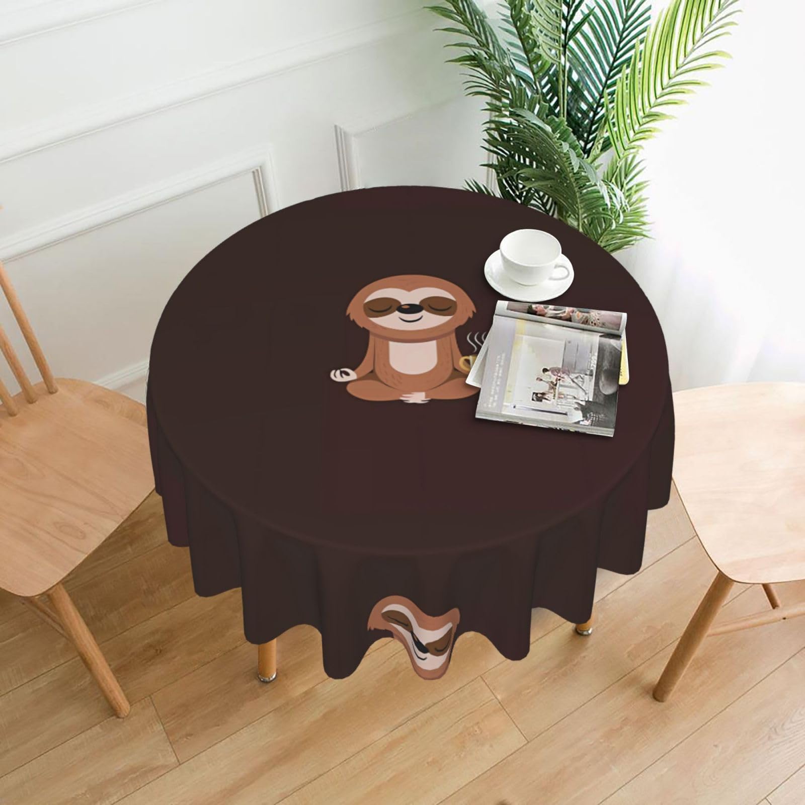 WHJSSF Yoga Sloth Coffee Prints Round Decorative Tablecloth 60in - Elevate Your Dining Experience with a Stylish & Protective Table Throw
