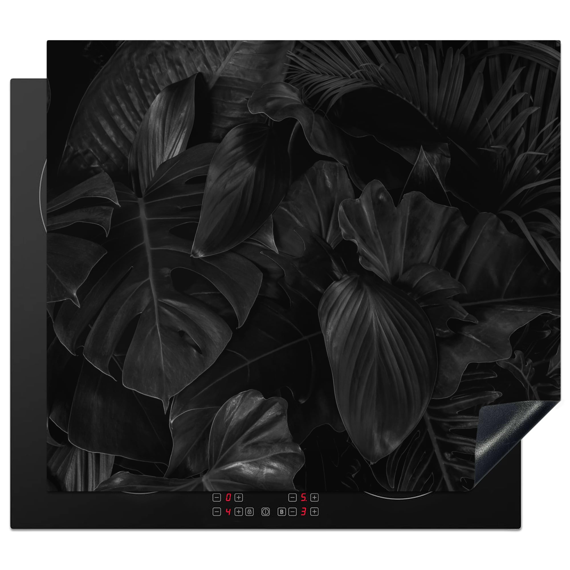 KitchenYeah© Induction Hob Cover Protector Mat 20.3"x22.7" / 57.6x51.6 cm Kitchen Universal Ceramic Covers for Electric Cookers Vinyl Leaves - Black - Plants - Dark — image 1
