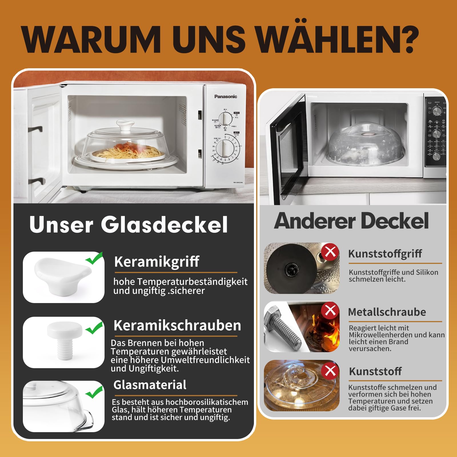 ACEPRUT Glas Mikrowellen Abdeckung mit Keramikgriff und Keramikschrauben, Kunststofffrei, BPA-frei, Lebensmittelechte Microwellenabdeckungen, Spülmaschinenfest