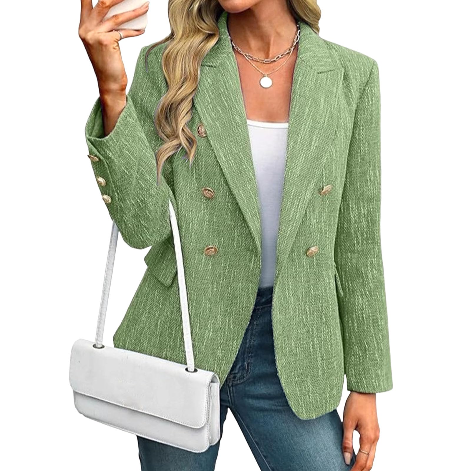 Business Attire for Women Fall Casual Long Sleeve Double Breasted Tweed Blazers Open Front Blazer Jackets Work Suits