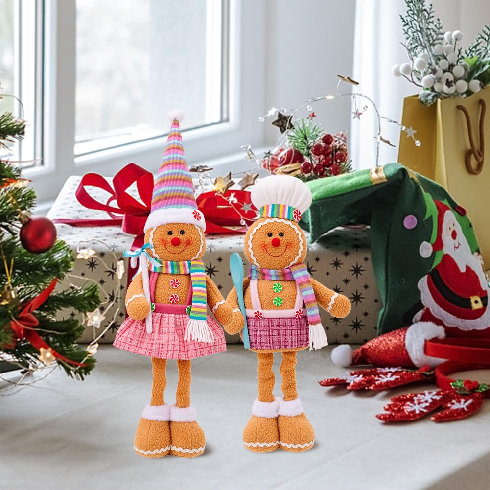 Katutude 2 figuras de peluche de Navidad, hombre de jengibre de pie con patas largas retráctiles, adornos de hombre de jengibre de Navidad, decoración de mesa de Navidad para niños y adultos