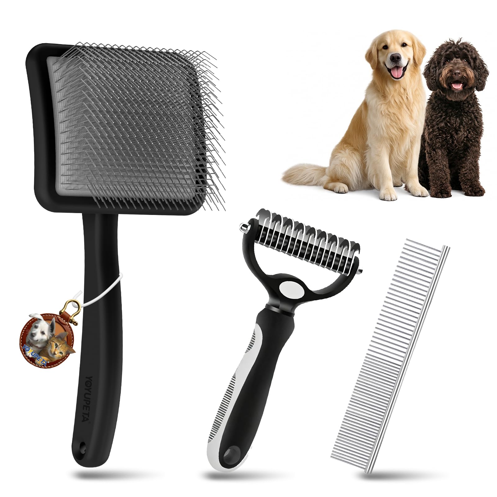 YOYUPETA Large Dog Slicker Brush for Goldendoodles, Poodles - 3 in 1 Grooming Kit with Undercoat Rake & Comb - Extra Long Pins Slicker Brush for Dematting, Thick Coats, Shedding, Detangling, Black