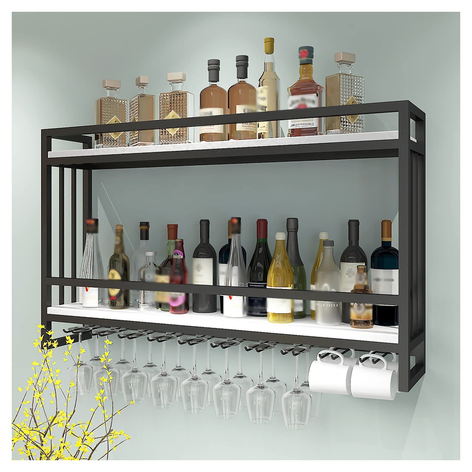 Étagère à bouteilles de vin bois 2 niveaux et rangement verres pour bar restaurant