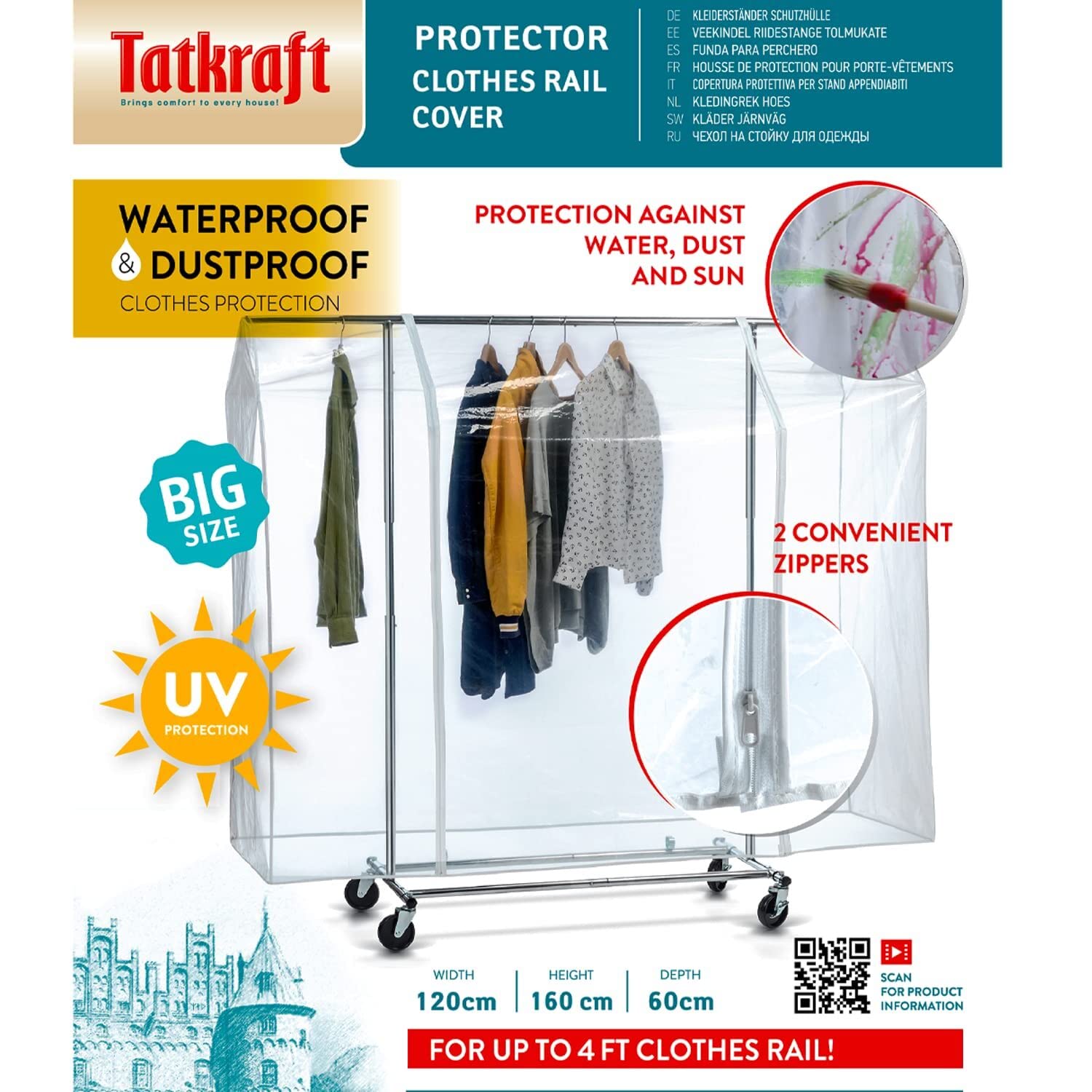 Tatkraft Protector Schutzhülle für Kleiderständer, Abdeckung Kleiderstange, 120x160x60 cm, Schützt ihre Kleidung vor Feuchtigkeit, UV-Strahlen, Schmutz, 2 Reißverschlüssen,Transparente