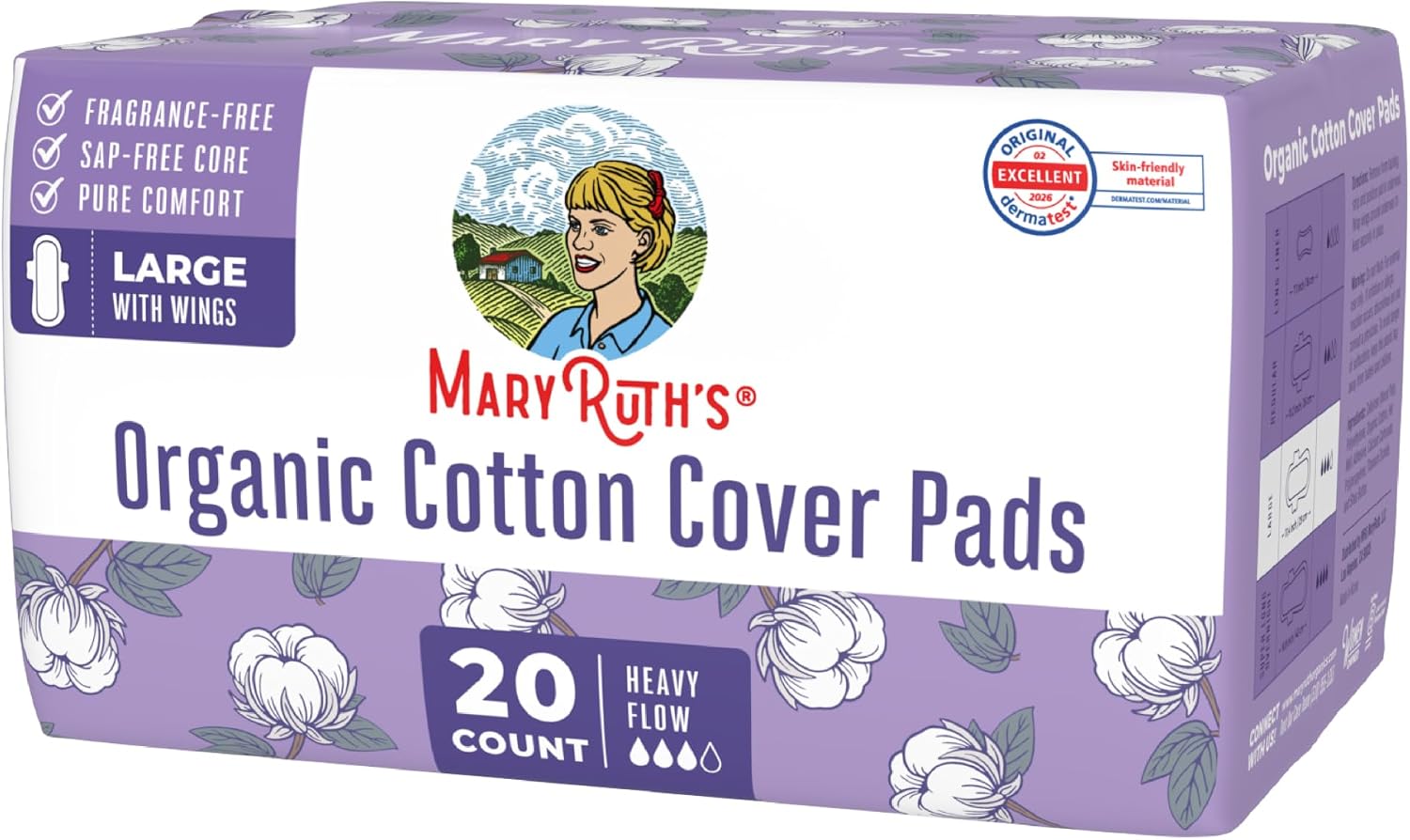 MaryRuth's Organic Cotton Cover Pads with Wings - Large - Unscented - Elemental Chlorine Free - OCS Certified Cotton - SAP-Free Core - Rated Excellent for Skin Comfort by Dermatest - 20 Count