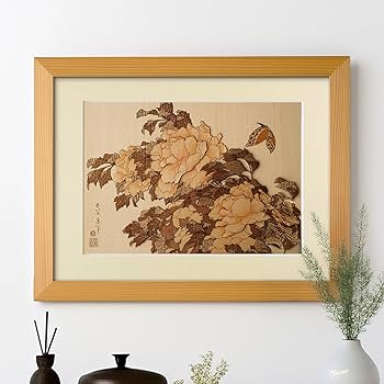 レトロ】桂月刻 彫金 銅板彫刻 牡丹 花 絵画 額縁 額装