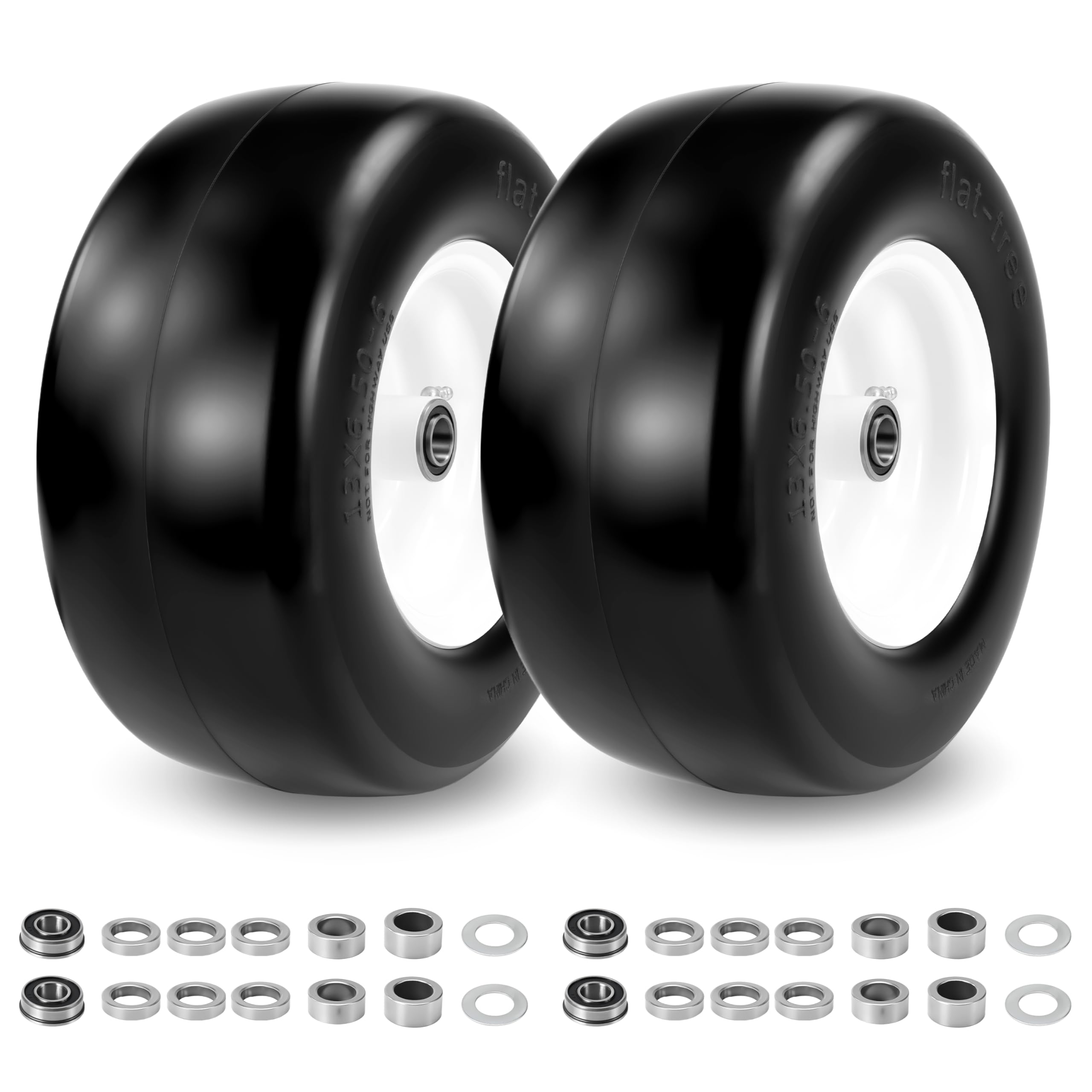 View 1 of 2 Pcs 13×6.50-6" Lawn Mower Tires Flat Free, with Precision 3/4" & 5/8" Bearing, 13x6.50-6 Zero Turn Lawn Mower Front Tires for Commercial and Residential Garden Lawn, 4"- 8.2" Centered Hub