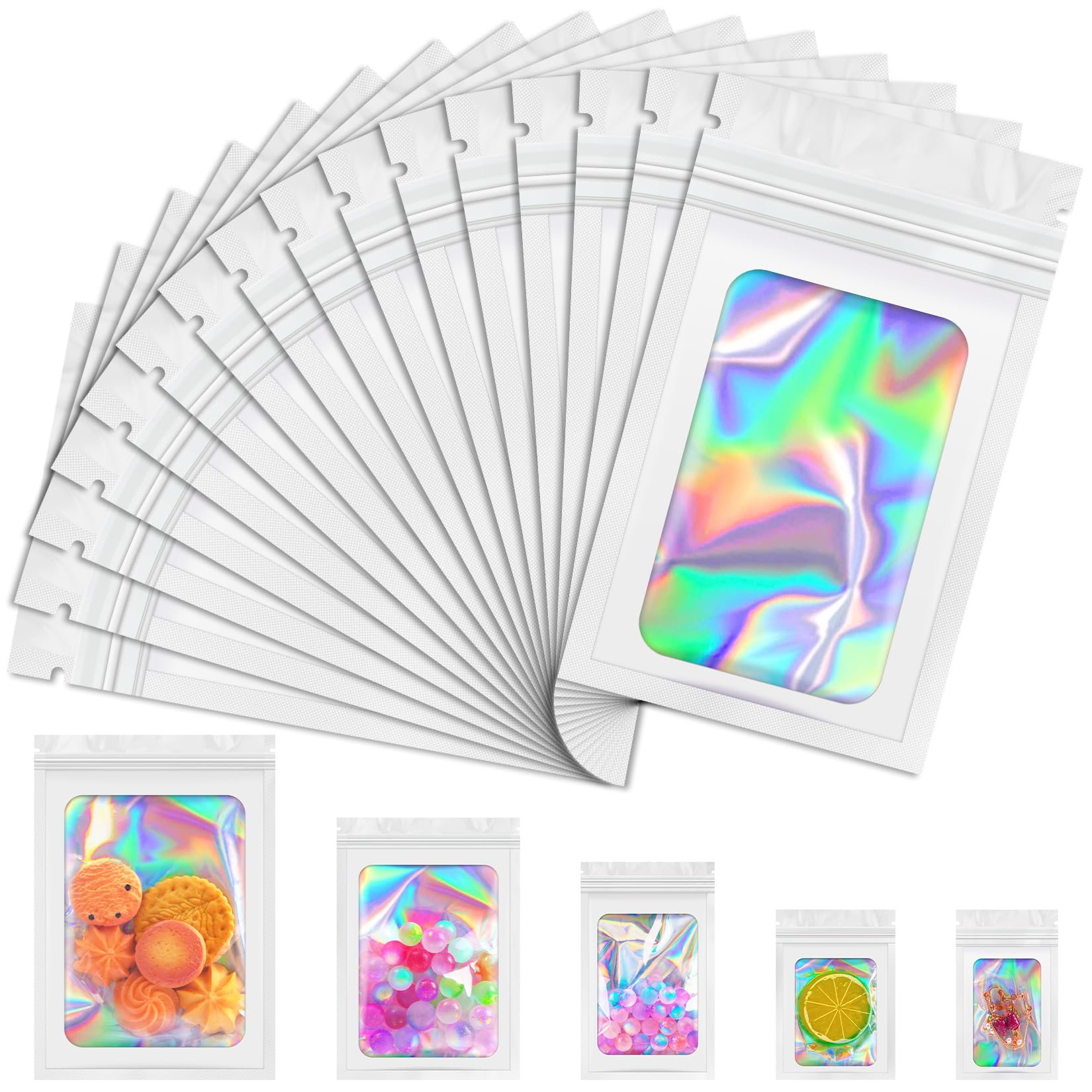 JETMORE Mylar Bags, 100 PCS Holographic Bags, White Smell Proof Bag with Front Window, Small Business Packaging Supplies, Resealable Bag for Food
