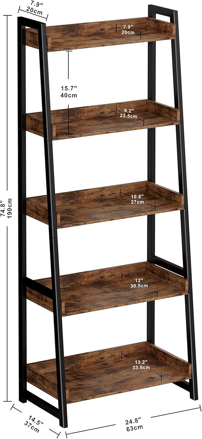 IRONCK Industrial Bookshelf 5-Tier, Bookcase Ladder Shelf, Storage Shelves Rack Shelf Unit, Accent Furniture Metal Frame, Home Office Furniture for Bathroom, Living Room, Rustic Brown : Home & Kitchen