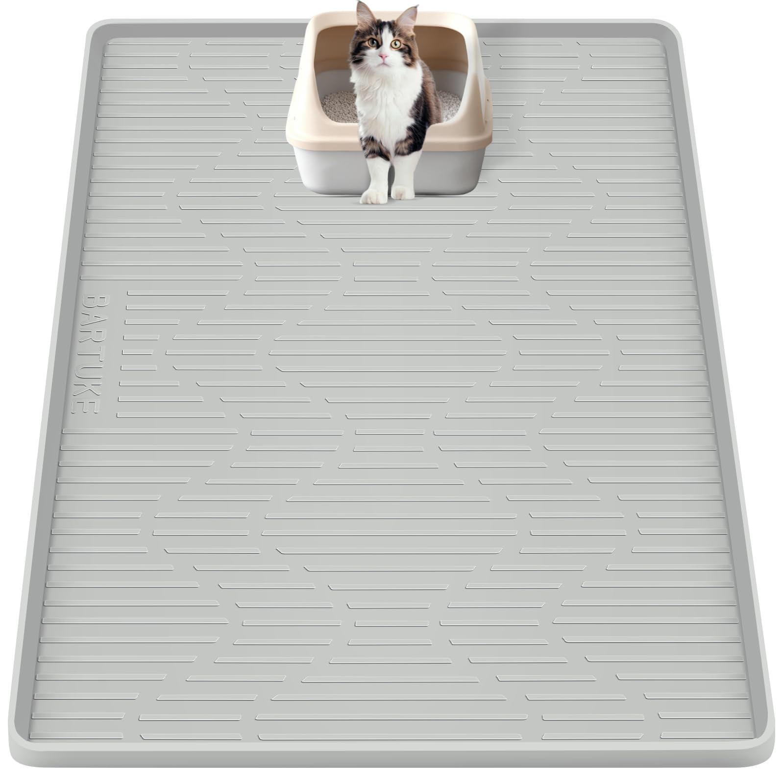 Bartuke Silikon-Katzenstreu-Matte, 40'' x 28'' Extra große Katzenklo Matte Streu-Fang-Matte für Streu-Kontrolle, wasserdicht, weich auf Katzenpfoten, sauberer Boden (Grau)
