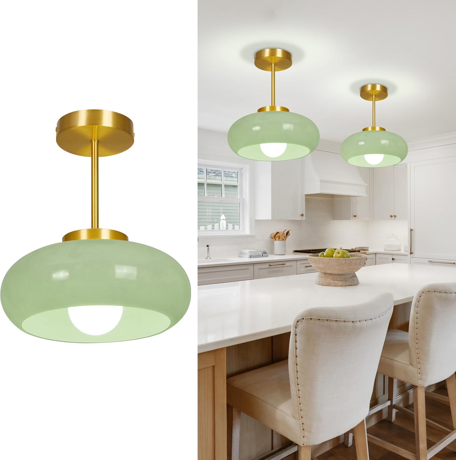 Modern Glass Ceiling Sage Green Ceiling Lamp with Dome Shade, Gold Brass Mid Century Semi-Flush Mount Ceiling Pendant Light Fixture for Dining Room, Kitchen, Bedroom, Hallway, Entryway