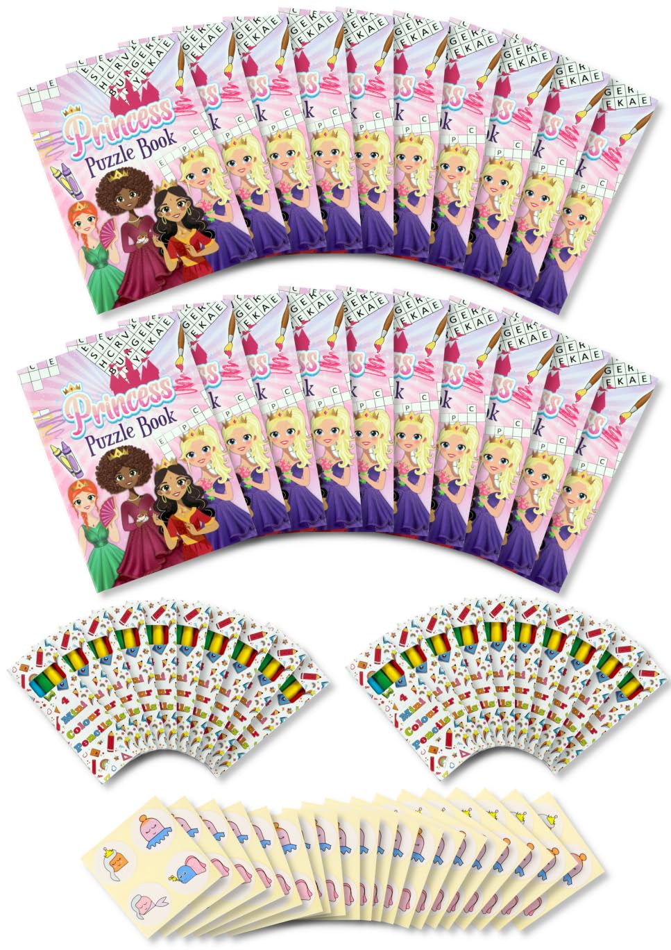 Anila's Assortment of 20 Princess Themed Activity Books with colouring & Puzzles, 20 Sheets of Stickers & 20 Pencils.